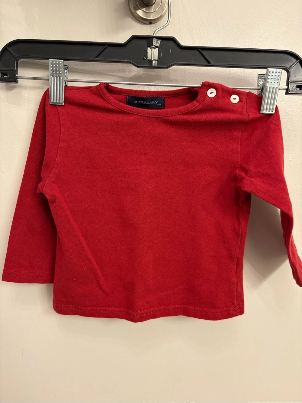 Baby Burberry Red Long Sleeve Teeshirt. Classic plaid on elbows 12 months